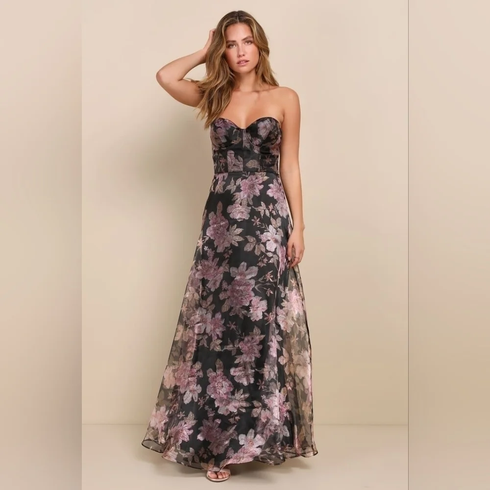 Lulus Exclusive Glamour Black Floral Organza Strapless Maxi Dress S Wedding